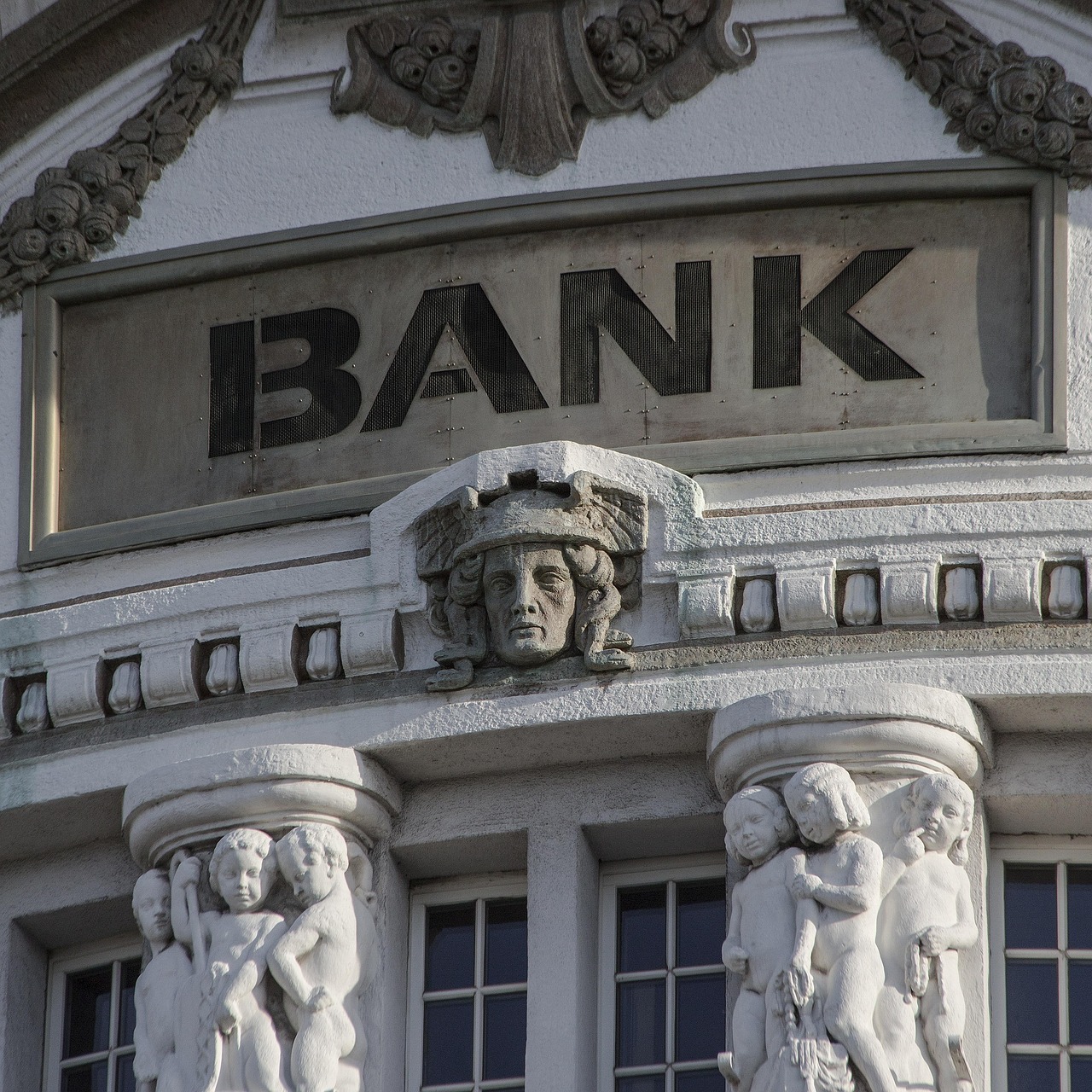 bank, money, shares, save up, capital, financing, banking crisis, credit, banks house, building, architecture, rent, bank building, facade, stone relief, columns, sculptures, historical, monument, stone figure, classical, artful